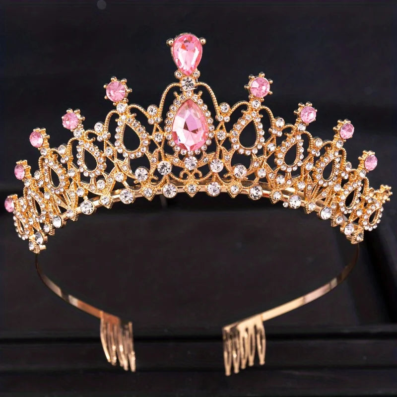 Pink Crystal Tiaras And Crowns Rhinestone Prom Diadem Crown For Women Bridal Wedding Hair Accessories Jewelry Crown Tiara Gift