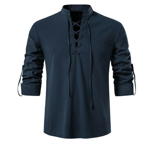 2023 New Men's V-neck shirt T-shirt Fashion Vintage Thin Long Sleeve Top men Casual Breathable Viking Front Lace Up man Shirts