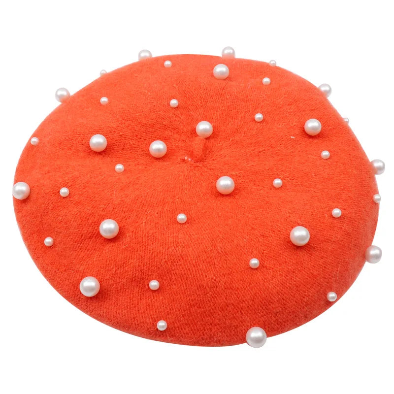 Winter Hat Knitted Wool Beret Bonnet Female French Winter Warm Pearl Berets Caps For Women Beading Ski Boina Painter Gorras