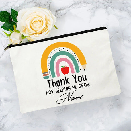 White Personalized Name Bag woman rainbow print Makeup Bag Storage Pouch Toiletries storage Cosmetic Pocket Gift for teachers