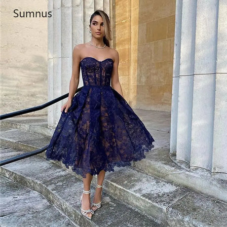 Sumnus Navy Blue Mini A Line Lace Appliques Fuchsia Party Dress Strapless Sexy Prom Cocktail Gowns Tea Length Tulle Women Gowns