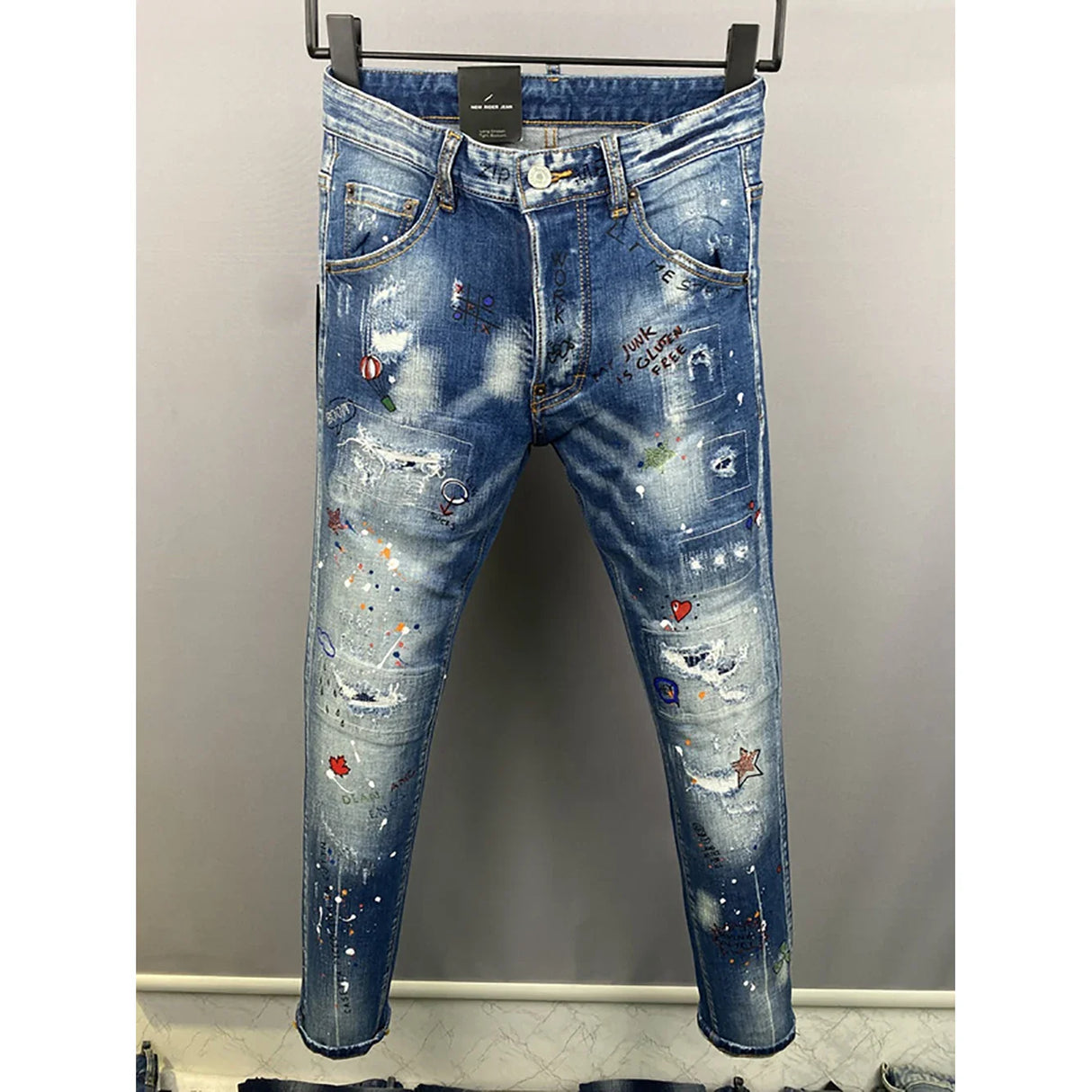 2024 Hot Men Jeans Denim Pants Hole Slim Pencil Trousers Metal Buttons Zipper Party Clothes Classics Fashionable Black Blue 9881