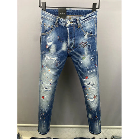 2024 Hot Men Jeans Denim Pants Hole Slim Pencil Trousers Metal Buttons Zipper Party Clothes Classics Fashionable Black Blue 9881