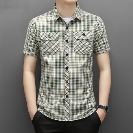 Summer Cotton Men's New in Shirt Slim Fit Plaid Striped Short Sleeve Button Pocket Polo Lapel Casual Fashion Vintage Tops