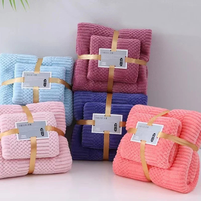 Coral Velvet Towel Soft Absorbent Adult Beach Towel Thickened Bath Towel Set Lucky Grid Pattern Handkerchief Towels Home Textile