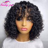 Short Curly Bob Human Hair Wig With Bangs Pixie Bob Cut Glueless Wigs Water Wave Full Machine Natural Black Cheap Wigs For Women