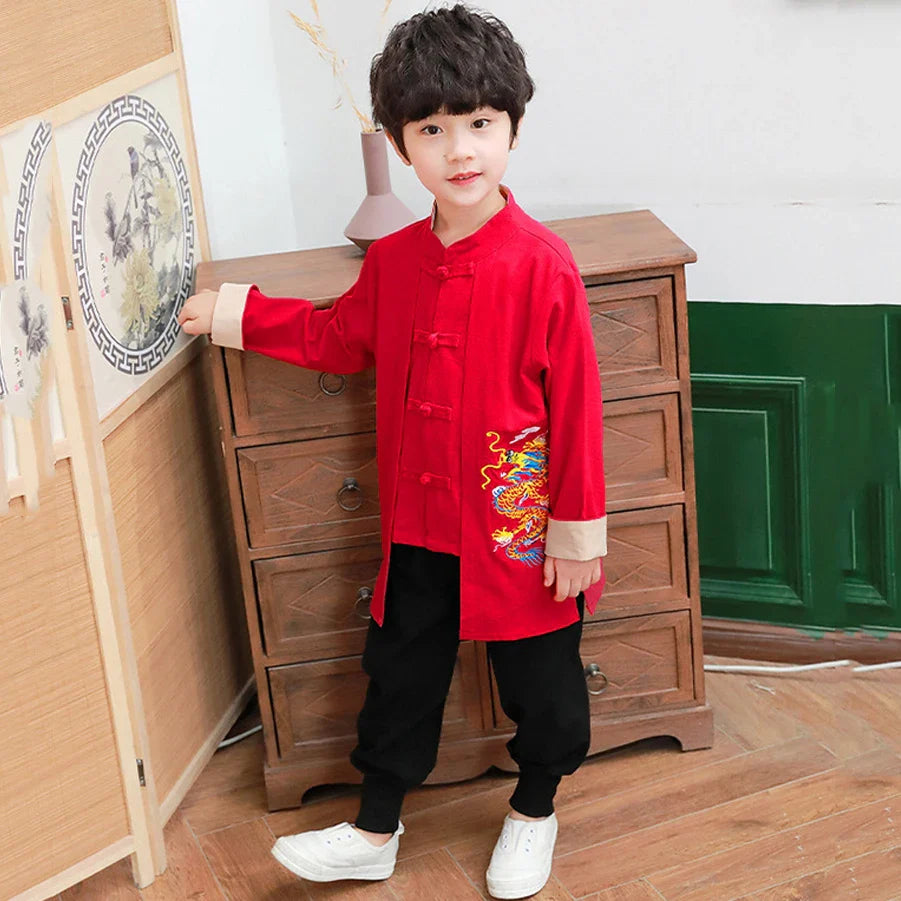 2023NEW Chinese Traditional Hanfu For Kids Boys Long Sleeve Dragon Embroidery New Year Tang Suit Christmas Autumn Cotton Red