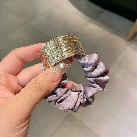 Elegant Metal Flower Hair Rope Ring Elastic Hair Tie For Women Girl Satin Solid Color Rubber Scrunchies Summer  Ponytail Holder