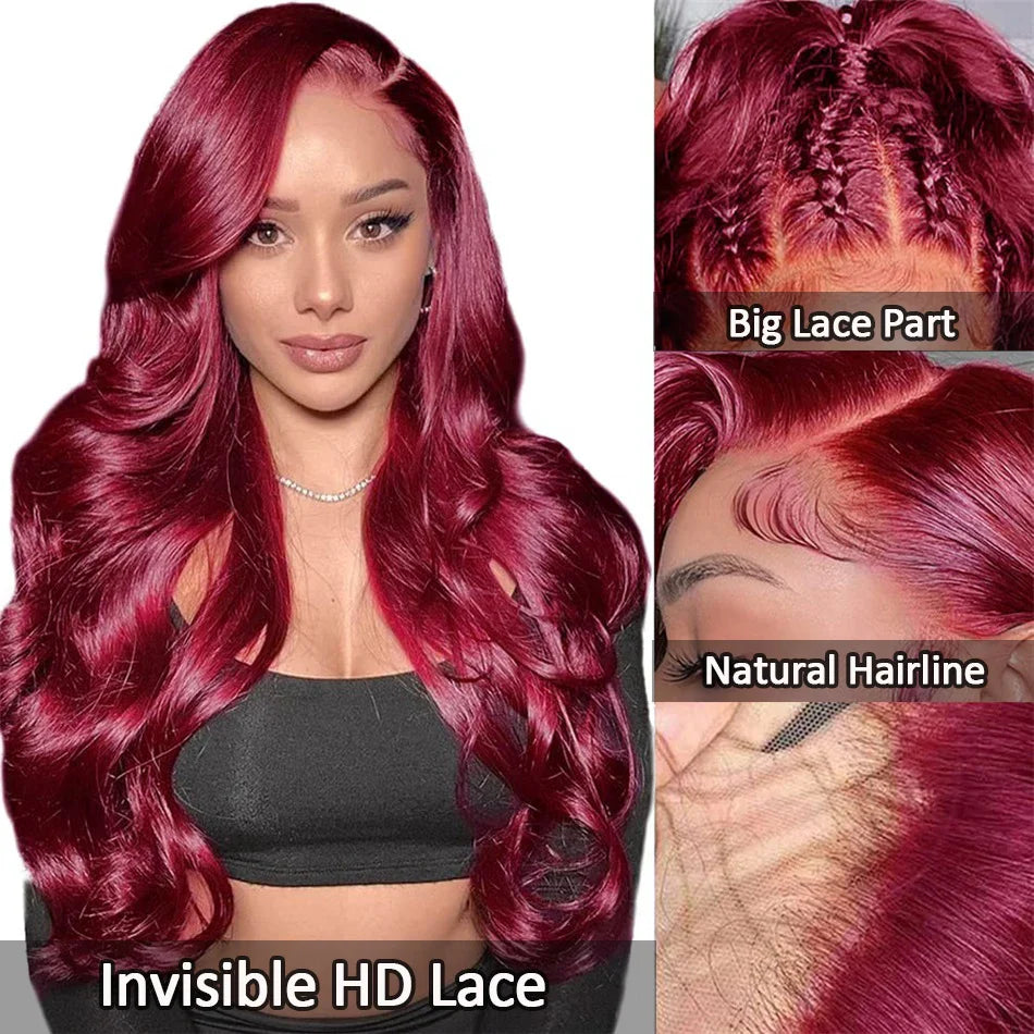 99J Burgundy 13x6 Lace Front Human Hair Wig Body Wave Remy Red Hair Wigs for Black Women Brazilian HD Lace Frontal Wigs 32inch