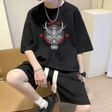 Oversized Loose Jogging Waffle Casual Suit Men Loose Korean Short-sleeve tshirt + Sports Shorts Summer Men Letter Print 2pcs Set