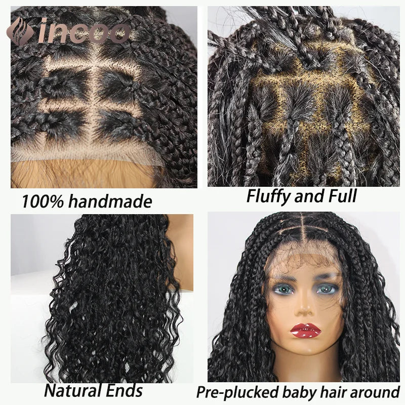 32" Full Double Lace Front Square Knotless Box Braided Wigs With Boho Curls Ends Box Braids Wig With Baby Hair Synthetic Wig 1B