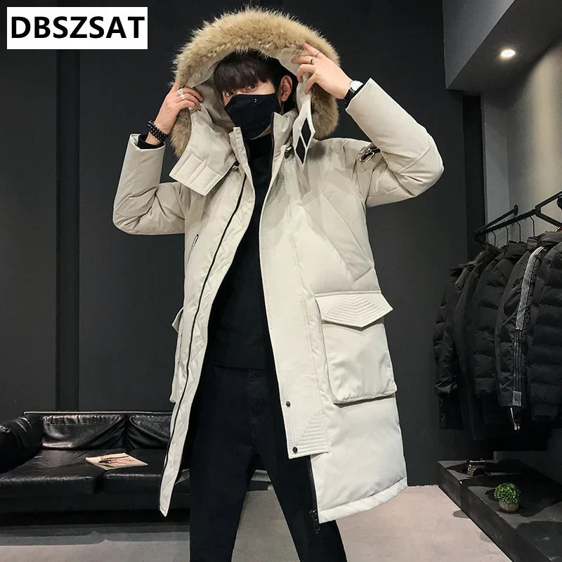 XKWT   2023 Brand Winter Warm Down Jacket Men Casual Business Long Thick Hooded windbreaker Coat Men Solid Fashion Parkas Men