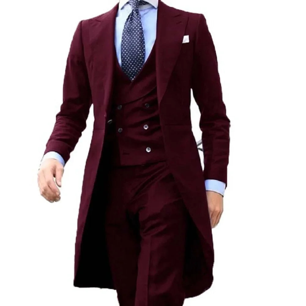 Long Coat Designs Red Men Suit Gentle Mens Tuxedo Prom Blazer Custom 3 Pieces (Jacket+vest+Pants)