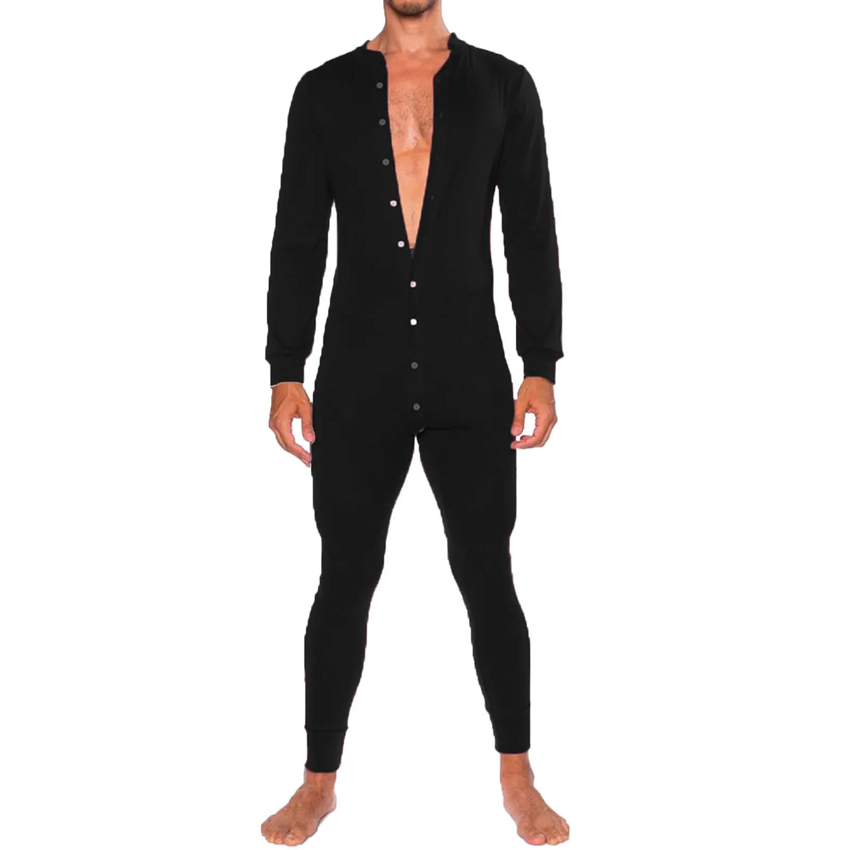 Mens Jumpsuit Romper Pajamas Casual Button Single-Breasted Bodysuit Long Sleeve Bodycon Sleepwear Male Autumn Solid Home Wear