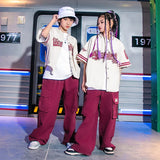 Kids Hip Hop Clothing Girl Letter Print Jacket Baseball Uniform Burgundy Casual Jogger Pant 2pcs Kpop Clothes Performance Outfit