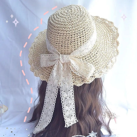 Big Lace Bow Straw Hat Foldable Wide Brim UV Protection Cover Hat Korean Version Summer Hats Travel