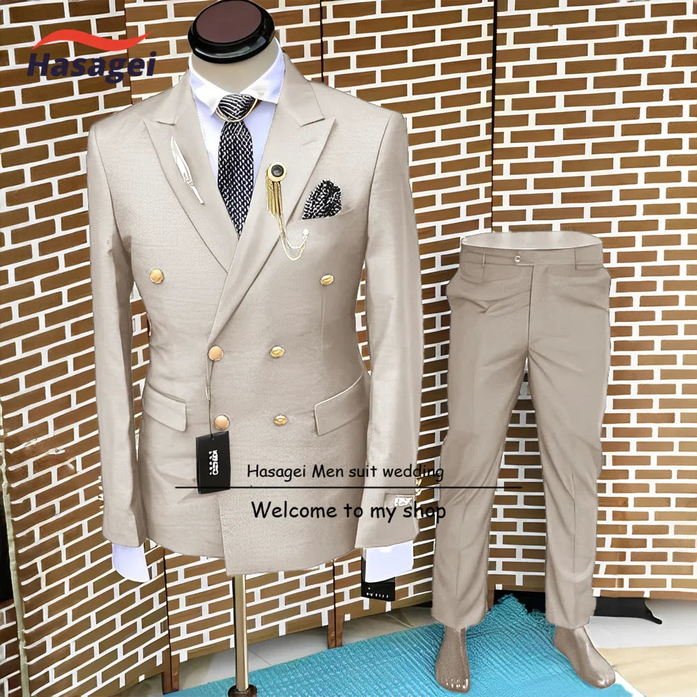 Formal Suit for Men Wedding Tuxedo Double-breasted Jacket and Pants 2-piece Set Business Blazer Gold Buttons Suit Groom