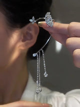 Fashion Sparkling Long Tassel Crystal Stars Ear Clip Earrings Without Piercing For Women Exquisite Light Luxury Wedding Jewelry