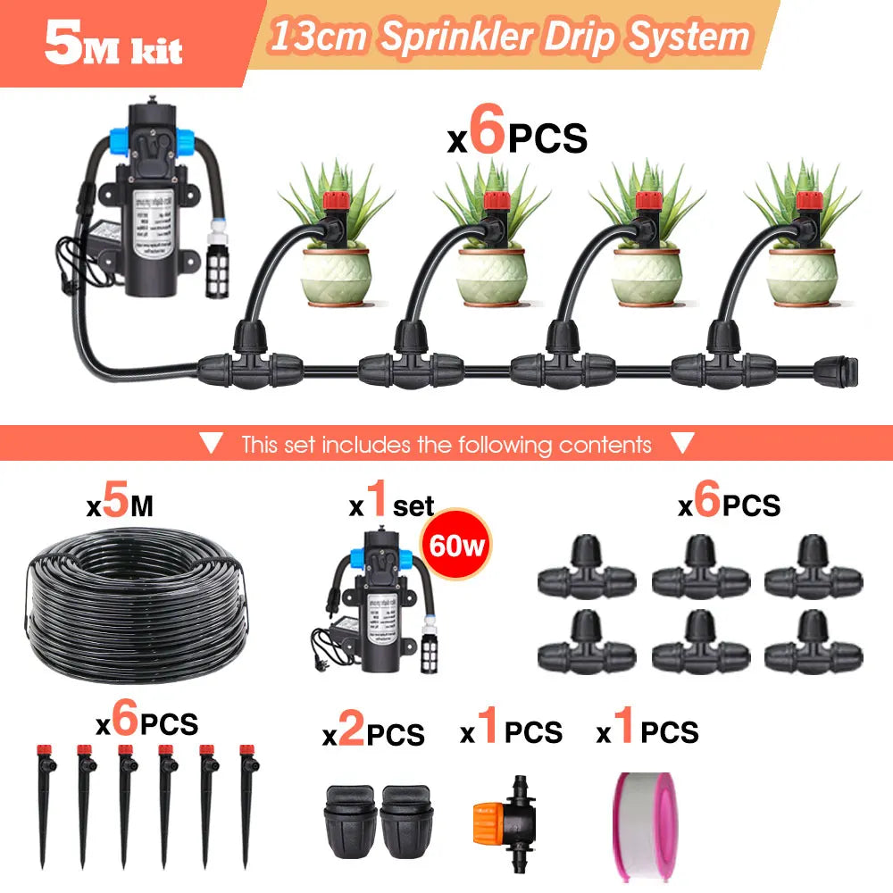 50-5M 13cm Stake Sprinkler Watering System Garden 60W Power Self-Priming Pump Automatic Irrigation Equipment 1/4”Hose Drip Kits