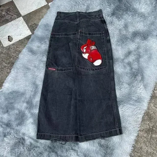 JNCO Jeans Y2K Mens Streetwear Harajuku Hip Hop Retro Skull Embroidered Baggy Jeans New Gothic High Waist Wide Leg Trousers