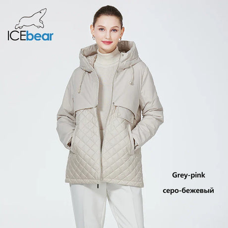 ICEbear 2023 New Women Casual Short Jackets Hooded Windproof Female Spring Autumn Parka Long Sleeve Thin Padded Coat GWC3570I