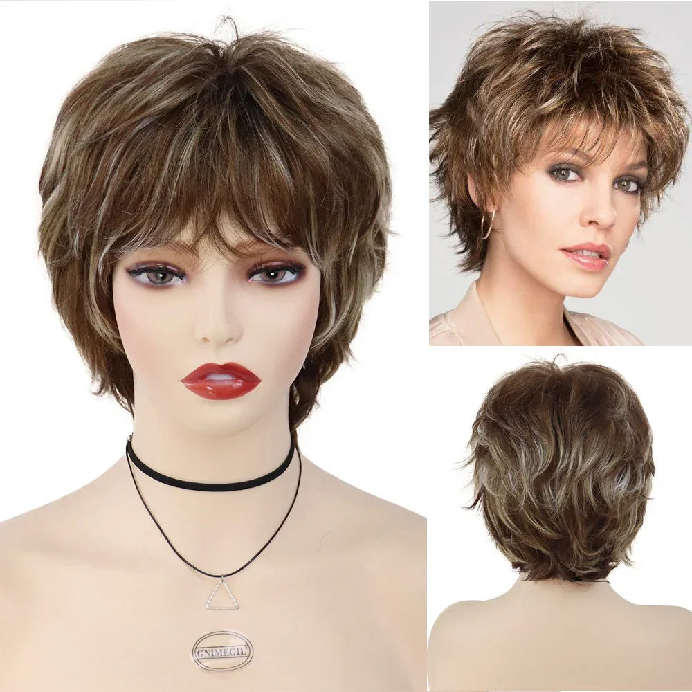 GNIMEGIL Synthetic Short Pixie Cut Wig Women Natural Hairstyle Bangs Wig Blonde Mix Brown Soft Straight Wig for Chemo Patient