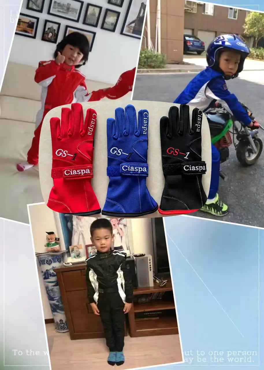 Child car racing gloves cotton and polyester gloves  2layers  gloves fit boys girls black blue and red size S M L