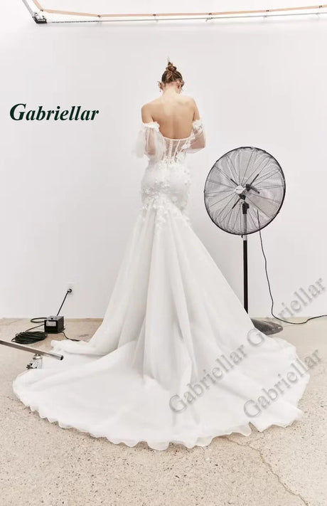 Gabriellar Attractive Sweetheart Wedding Dresses Bride Button 3D Appliques Trumpet Tulle Lantern Sleeves Court Train Customised