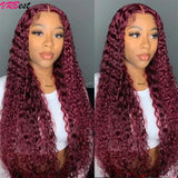 99J Colored Lace Front Human Hair Wigs Deep Wave Burgundy 13x4 HD Transparent Full Lace Frontal Wig Glueless Curly Wig For Women