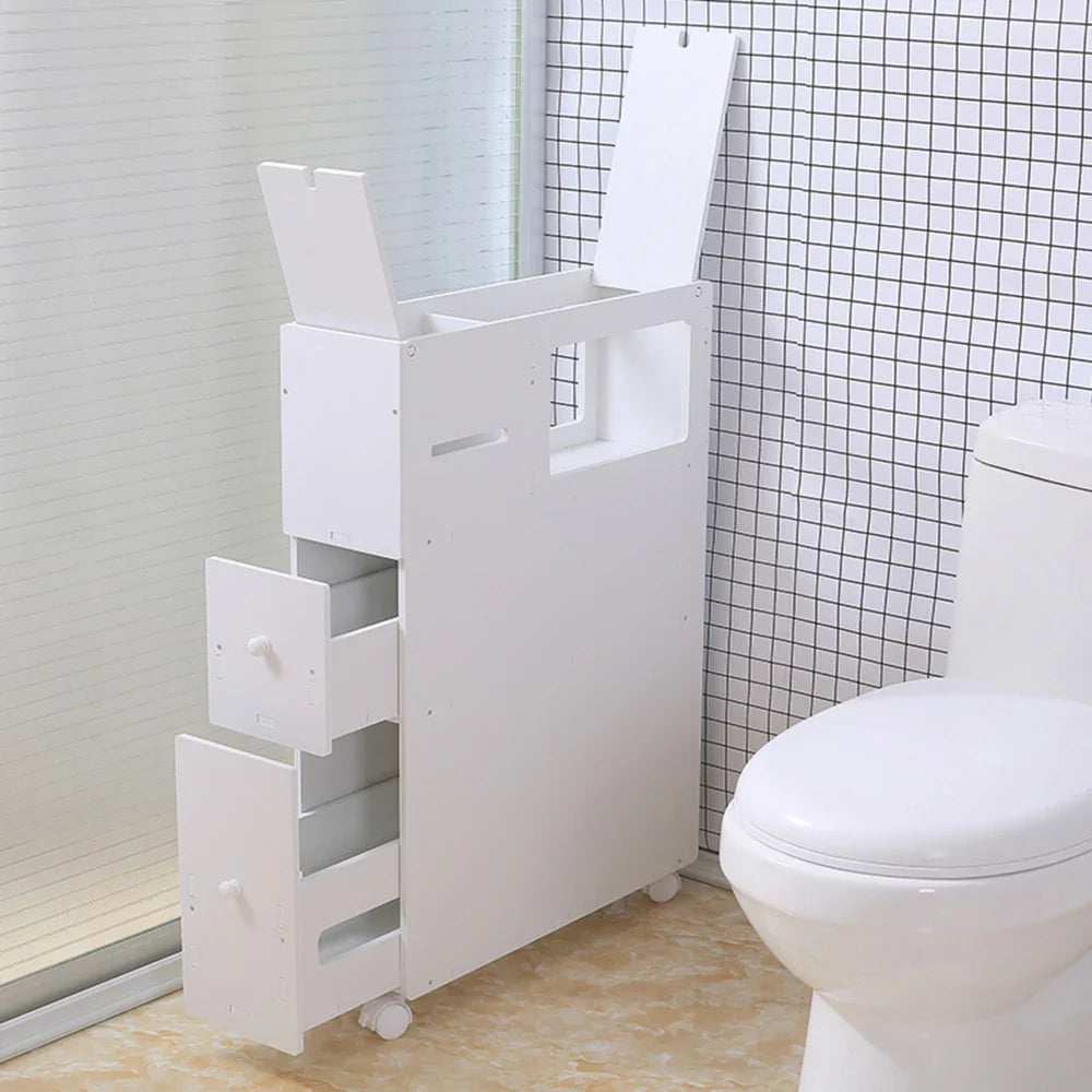 Toilet Side Cabinet 4 Layer Narrow Storage Cabinet Toilet Receive Bathroom Cabinet Movable Floor-To-Ceiling Low Shelves White