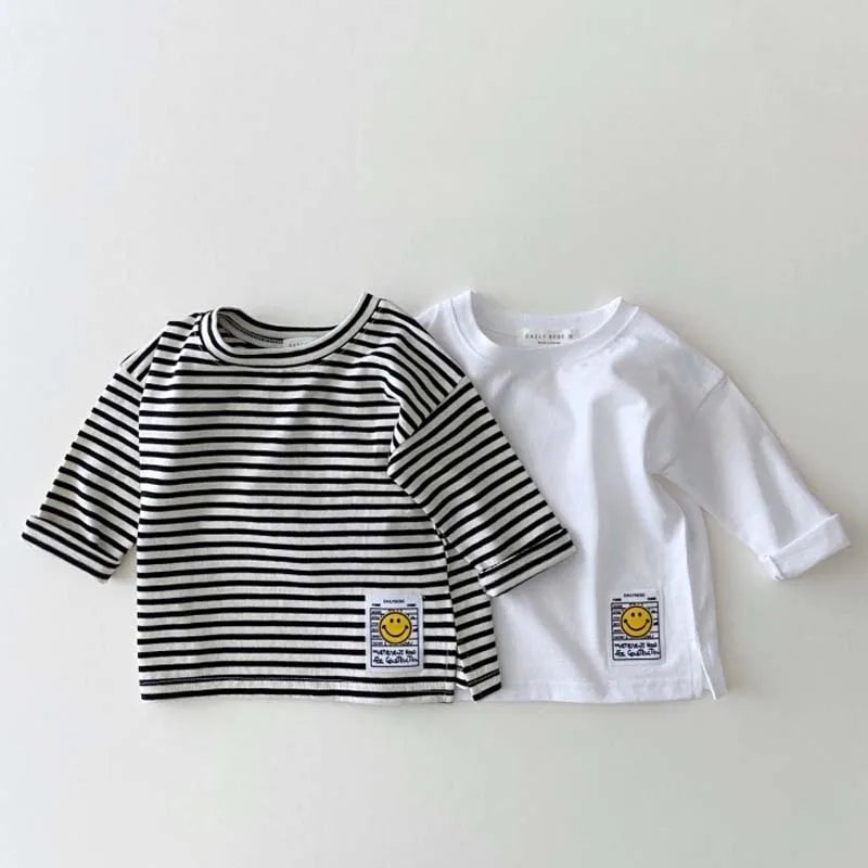 9297 Korean Ins Baby T Shirt Simple Smiling Face Casual T-shirt Autumn Winter 2021 Boy's Bottoming Shirt 0-3Year Girl's T Shirt