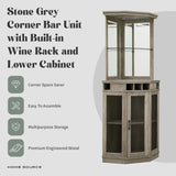 Stone Grey Corner Bar Unit 73" With Built-in Wine Rack and Lower Bar Cabinet for Liquor and Glasses | Storage Shelf