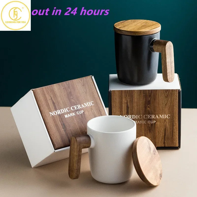 Gift Package 350ml Ceramic Coffee Mug with Wooden Handle and Lid Nordic Retro Style Smooth Surface Office Home Couple Cup