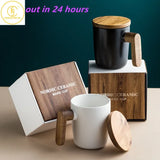 Gift Package 350ml Ceramic Coffee Mug with Wooden Handle and Lid Nordic Retro Style Smooth Surface Office Home Couple Cup