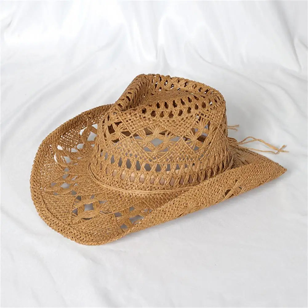 Western Cowboy Straw Hat Summer Men Women Wide Brim Beach UV Protection Fedora Sun Hat Sunscreen Hat Elegant Floppy Beach Hats