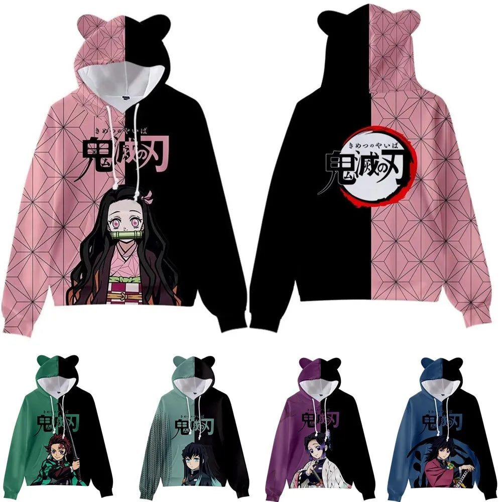 Anime Demon Slayer Hoodies Women Cat Ears Cartoon Sweatshirt Tops Kamado Nezuko 3D Harajuku Boys Girls Cosplay Costume Pullover