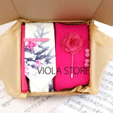 Viola Design 6PCS Gift Box Floral Solid Cotton Sock Tie Sets Clip Pin Cufflinks Hankie Men Wedding Party Daily Cravat Accessory