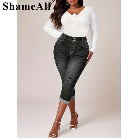 Women's Plus Size Casual Jeans,  Washed Button Fly Ripped Roll Up Hem High Rise  Skinny Capri Jeans