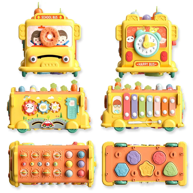 Baby Montessori Toys Whac-a-Mole Fishing Maze Puzzle Hammer Game Music Multifunctional Kids Bus Storage Box Educational Toys