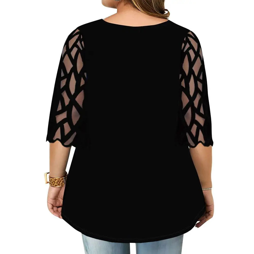 Women‘s Mesh 3/4 Sleeve Tunic Tops Ladies Casual Floral T-Shirt Blouse HIgh Quality Clothes Clothing For Female 2023 Plus Size