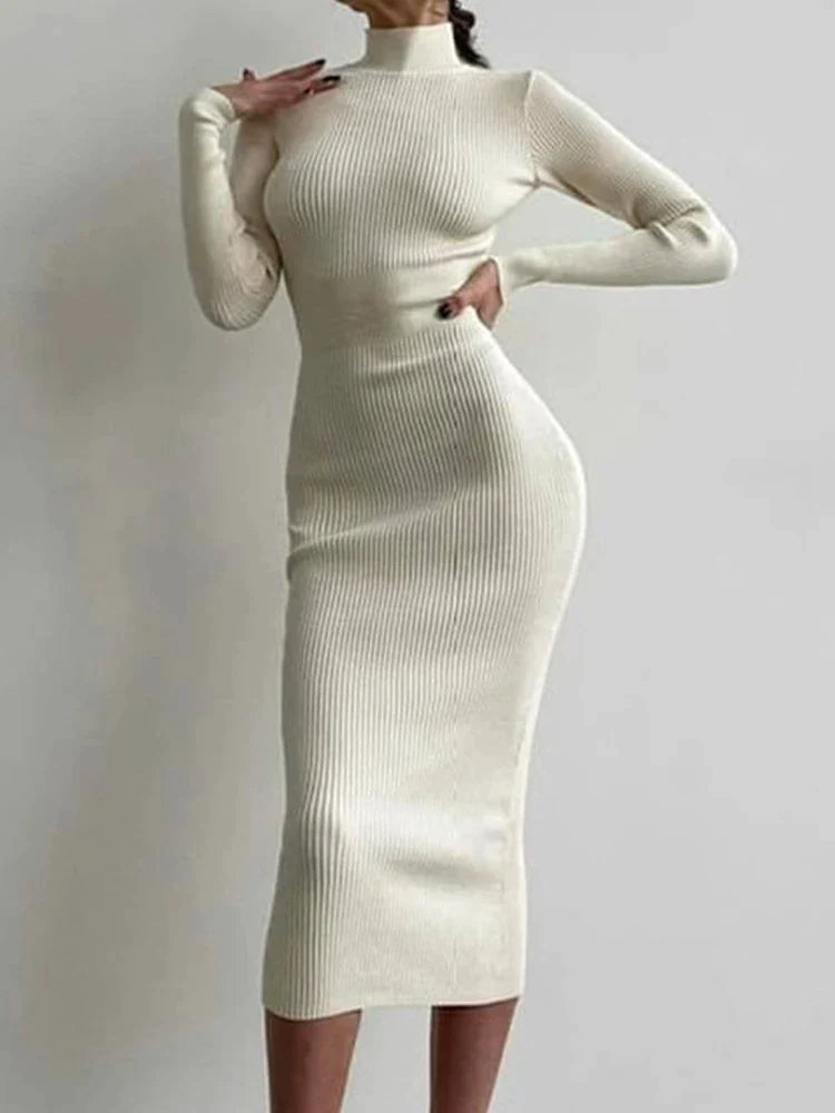 Knitted Turtleneck Dress Women Autumn Winter Long Sleeve Bodycon Midi Dresses Female Elegant Fashion Solid Color Skinny Dress