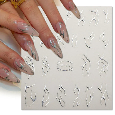 3D Silver Frame Nail Sticker Silver Bronzing Stripe Lines Sliders For Nails Tribal Pattern Decals Marble Blooming Nail Tattoos