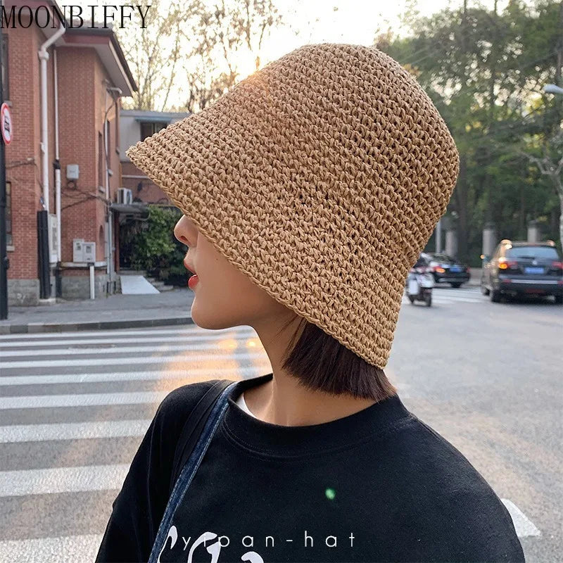 Beach Korean Straw Hat Summer Women Visor Bucket Hat Fisherman Hat Hand Weaving Panama Girl Fishing Chapeau Sun Hats for Women