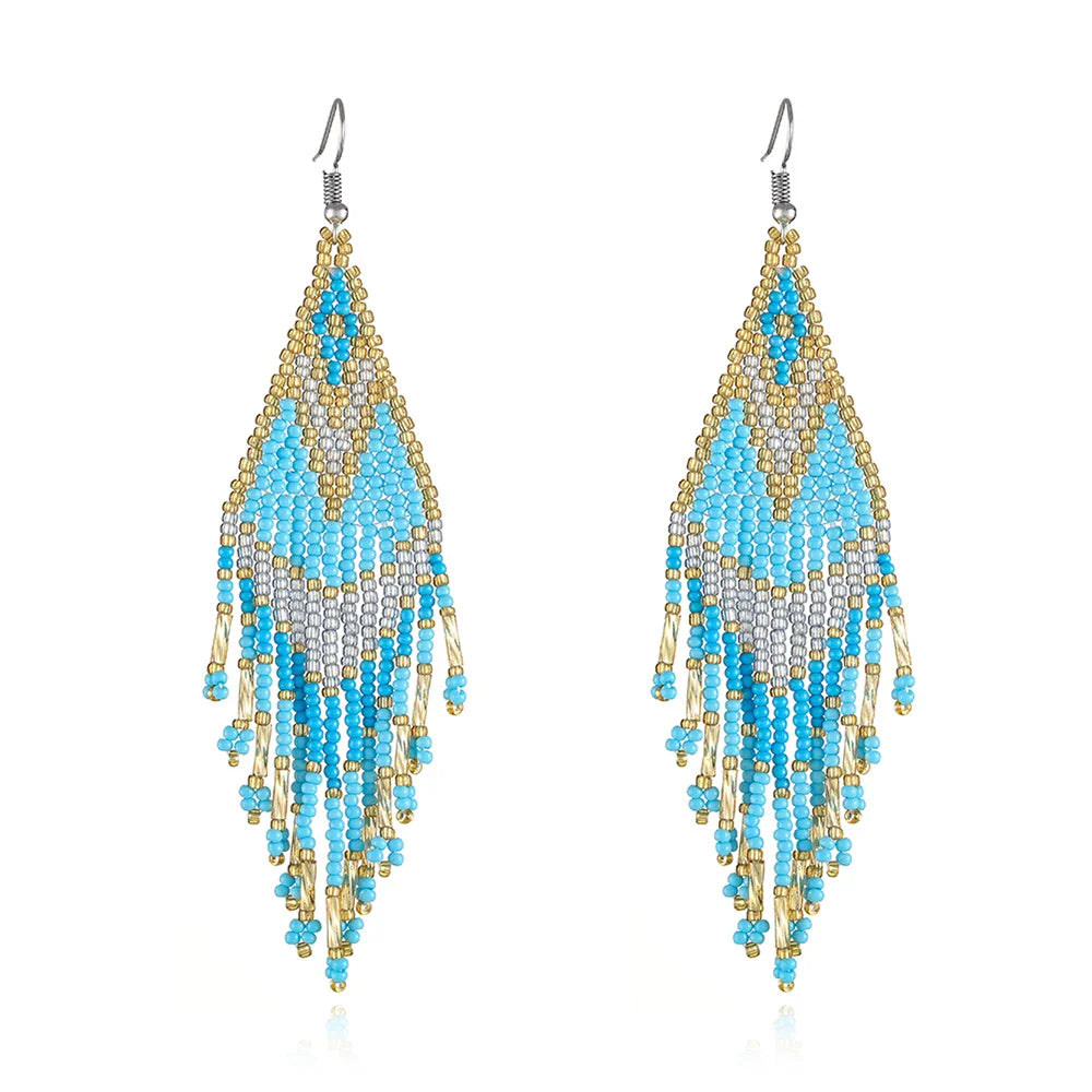 Europe and America Bohemia Women's Jewelry Accessories Geometric Colorful Handmade Beads Long Tassel Beaded Weave Boho Earrings