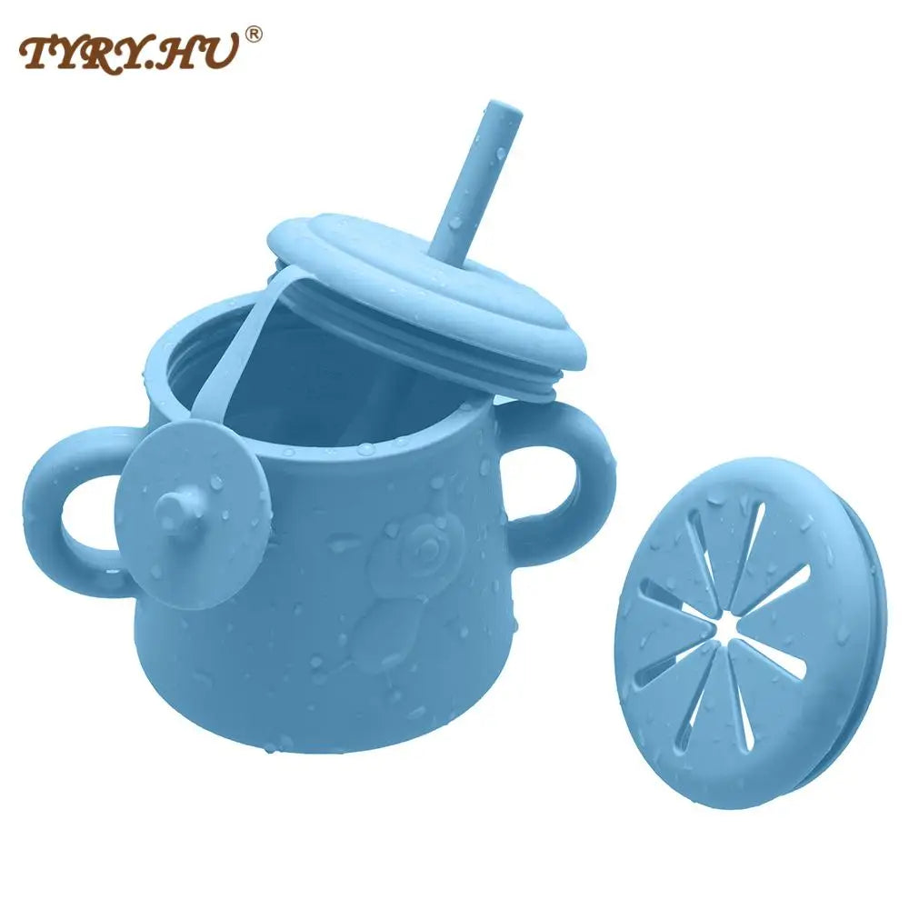 400ML Baby Feeding 2 in 1 Snack Cup Straw Cup Baby Learning Feeding Bottles Anti-Hot Leakproof Silicone Tableware Toddler Water