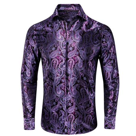 Hi-Tie Gold Luxury Mens Shirts Silk Jacquard High Quality Long Sleeve Lapel Shirt Casual Formal for Male Wedding Business Gifts