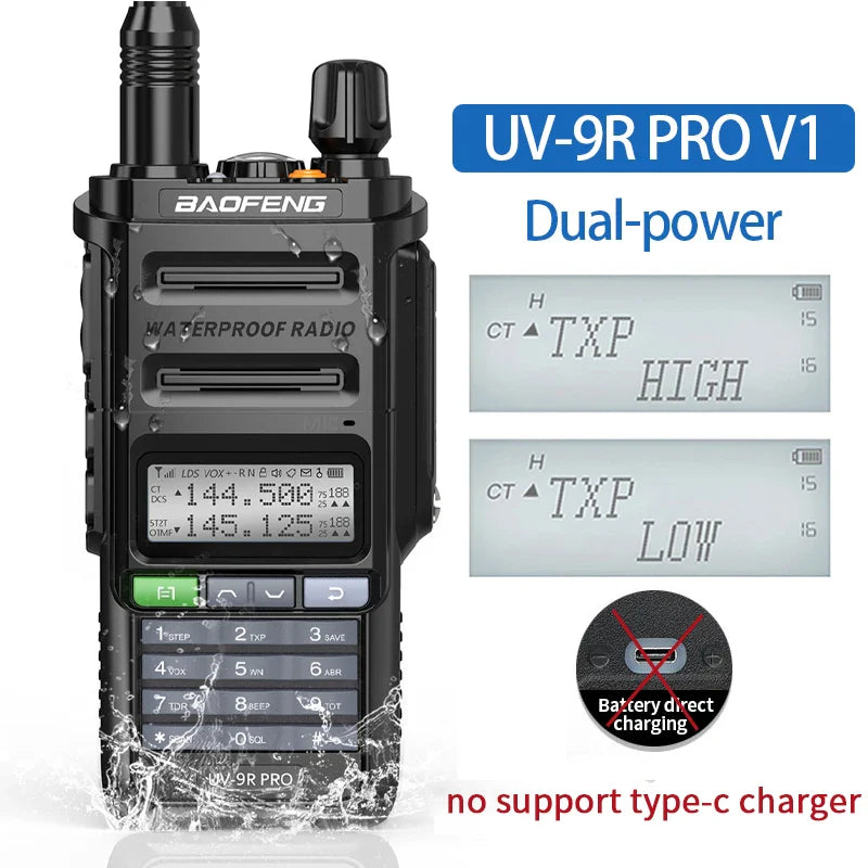 2024 Baofeng UV-9R Pro V1 V2 Waterproof IP68 16KM Walkie Talkie Type-C Charger UHF VHF Long Range UV-5R Upgrade Ham CB Radio