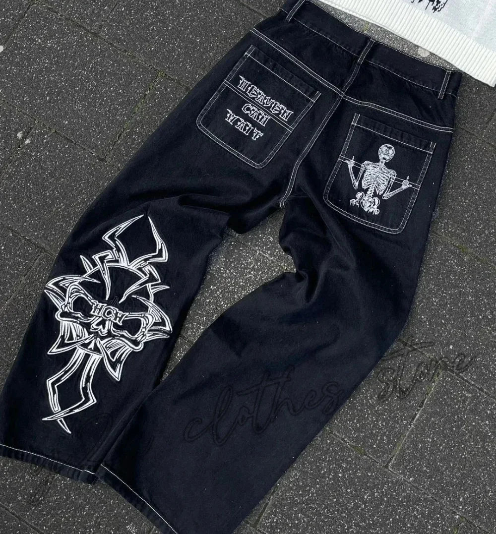 Vintage Gear Patch Punk Jeans High Street Spiderweb Straight Leg Pants Men's Wide Leg Pants Black Cargo Pants Y2k Clothes Baggy