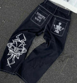 Vintage Gear Patch Punk Jeans High Street Spiderweb Straight Leg Pants Men's Wide Leg Pants Black Cargo Pants Y2k Clothes Baggy
