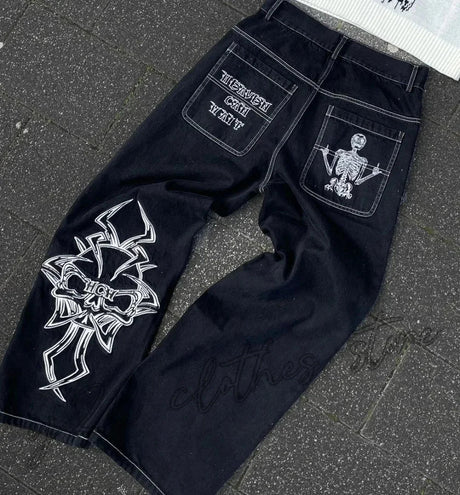 Vintage Gear Patch Punk Jeans High Street Spiderweb Straight Leg Pants Men's Wide Leg Pants Black Cargo Pants Y2k Clothes Baggy